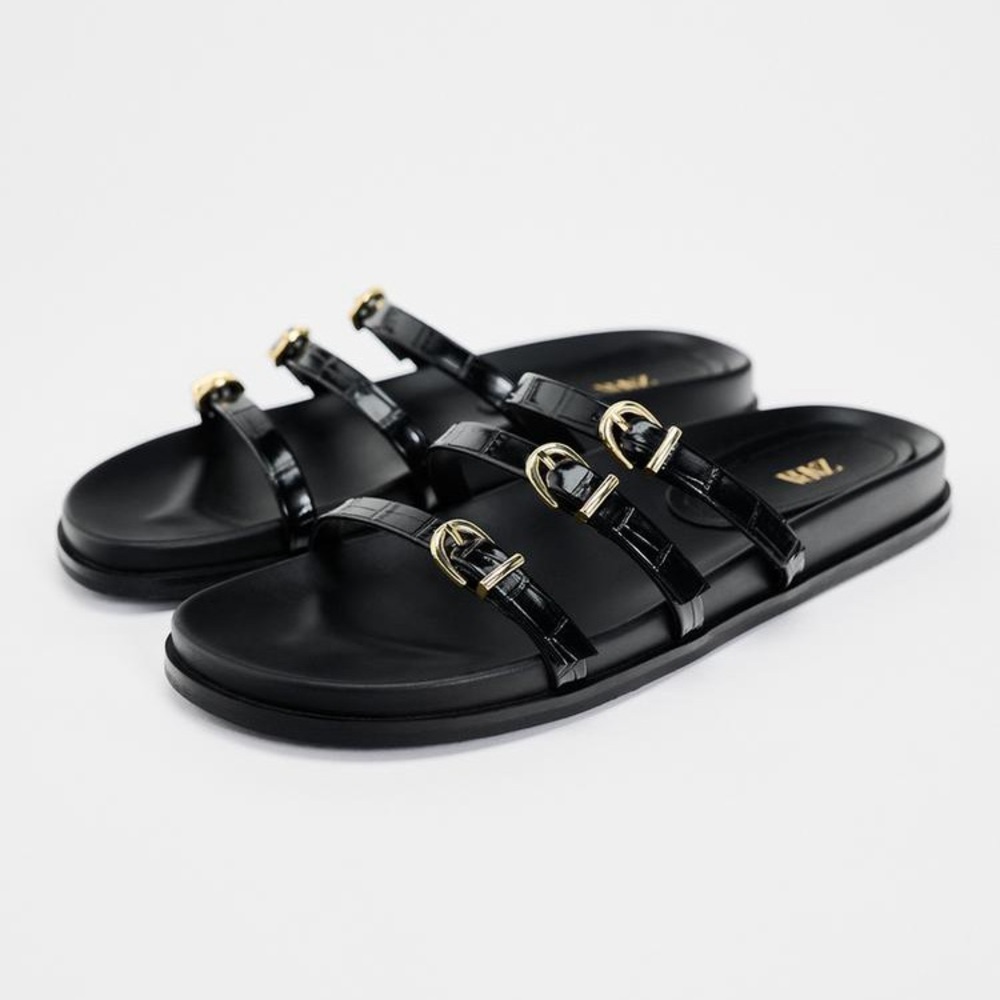 Black Triple-Strap Slide Sandals with Gold Buckles - Women